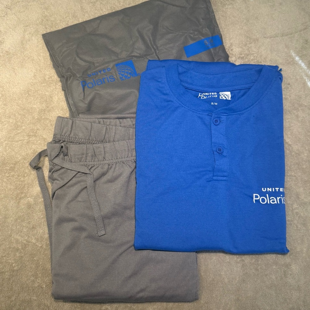 United Airlines Polaris First Class Blue Shirt  Gray Pants Pajama Set Size S / M